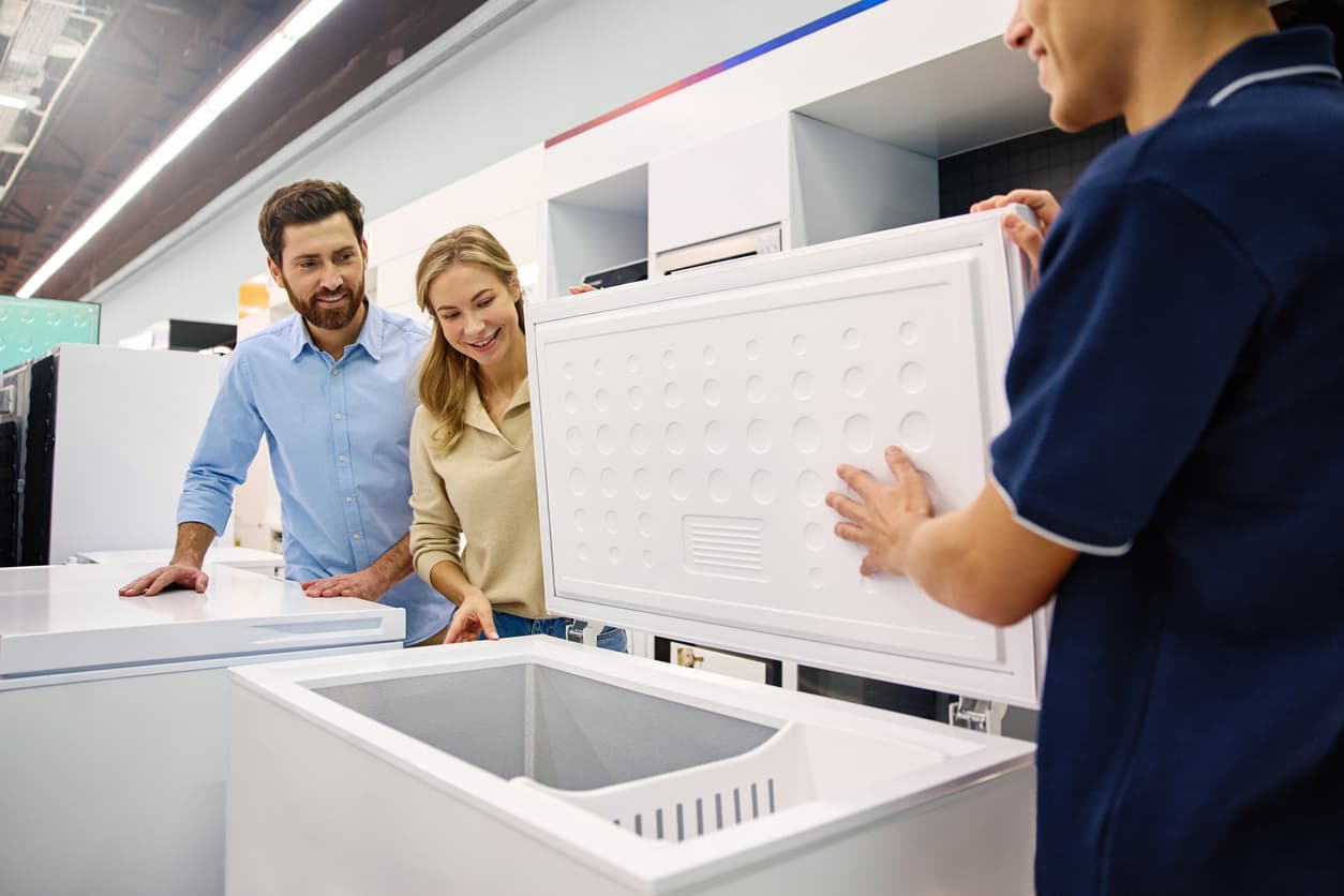 Un hombre trata de venderle a una pareja un congelador de carga horizontal.