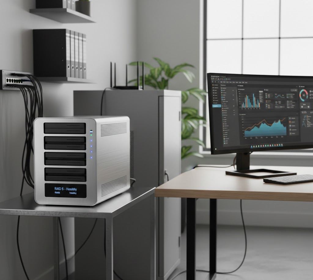 El NAS de una oficina conectado al ordenador.