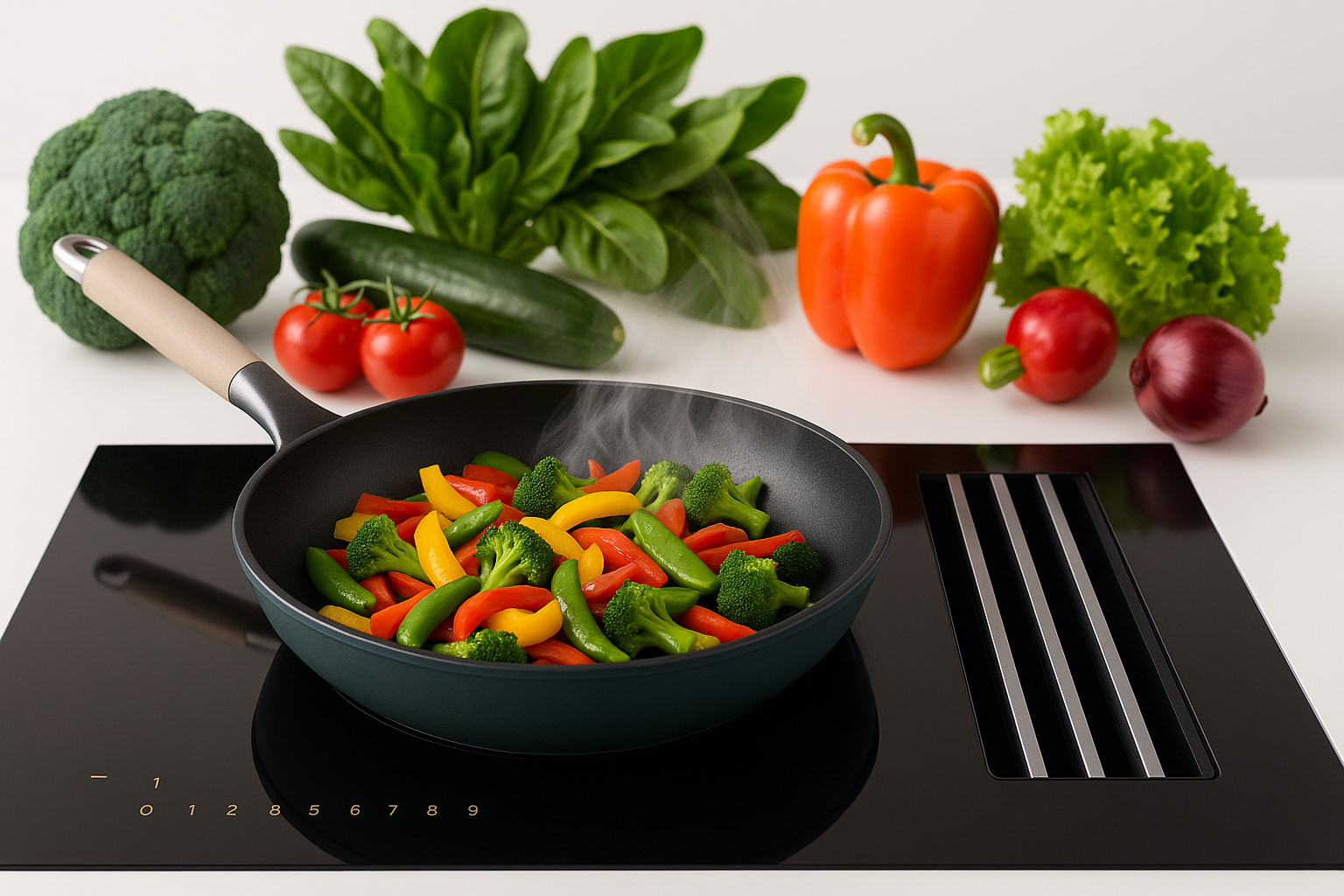 La placa con extractor integrado trabaja mientras se cocinan las verduras.