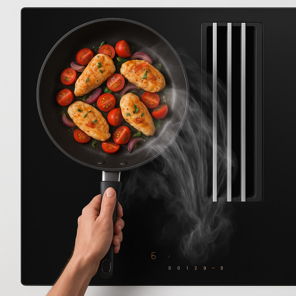 Una persona cocina en su placa con extractor integrado.